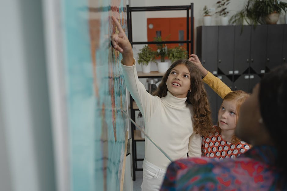 Children actively participate in a geography lesson in a school classroom